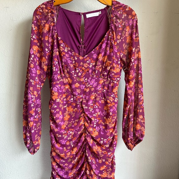 Lush Floral Sweetheart long sleeve Ruched mini dress Plum, pink purple Size M - Picture 3 of 7